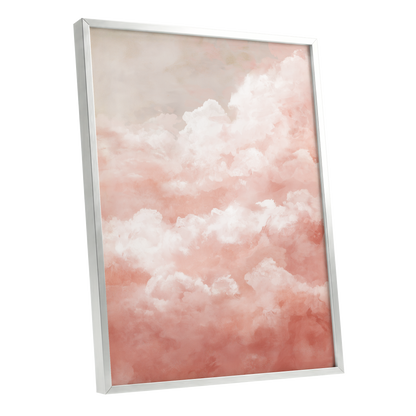 Blush Cloud Reverie, pink, white, beige nature wall art shown as a silver framed poster wall art print