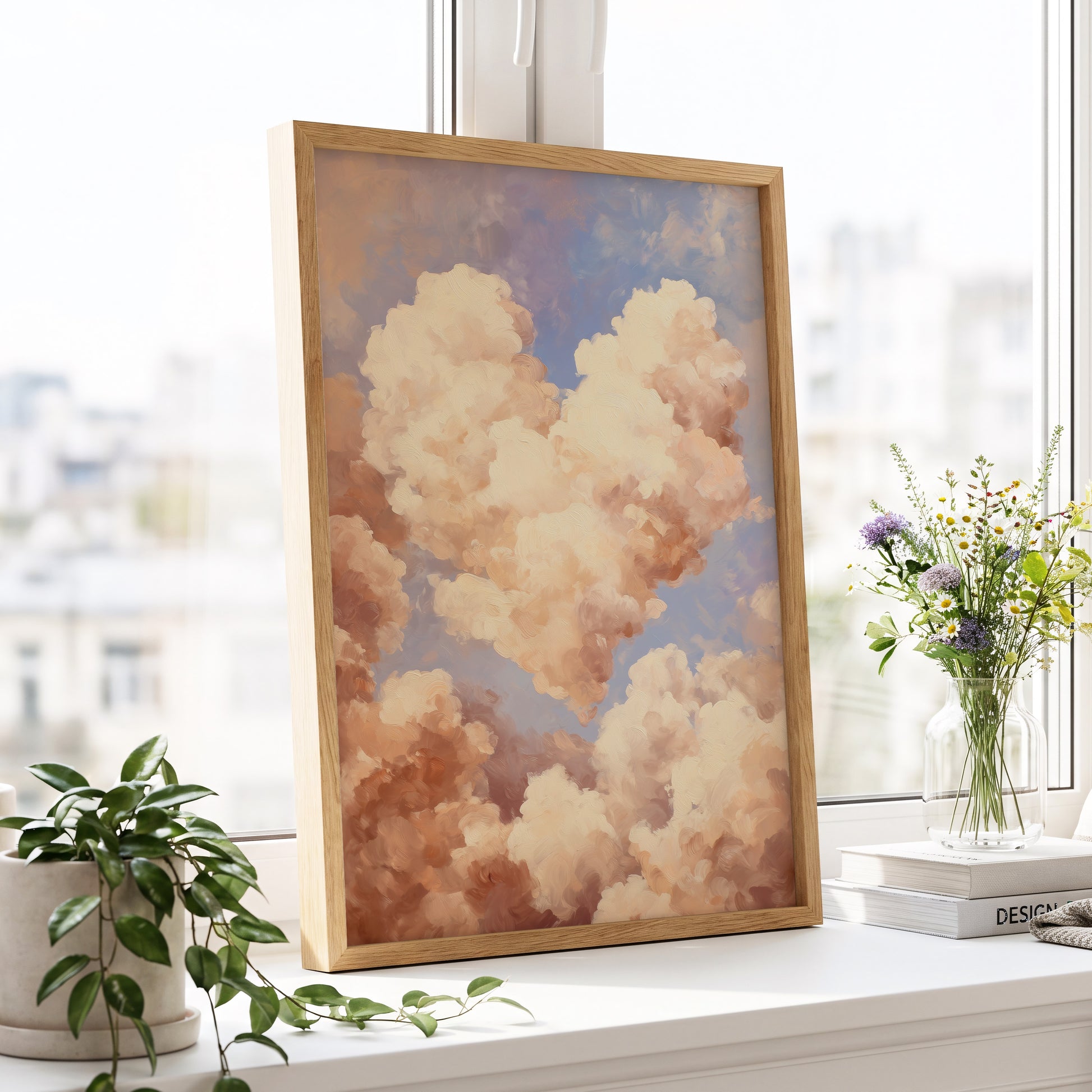 Blush Cloud Reverie, pink, beige, blue nature wall art displayed in a styled interior, gallery view 2