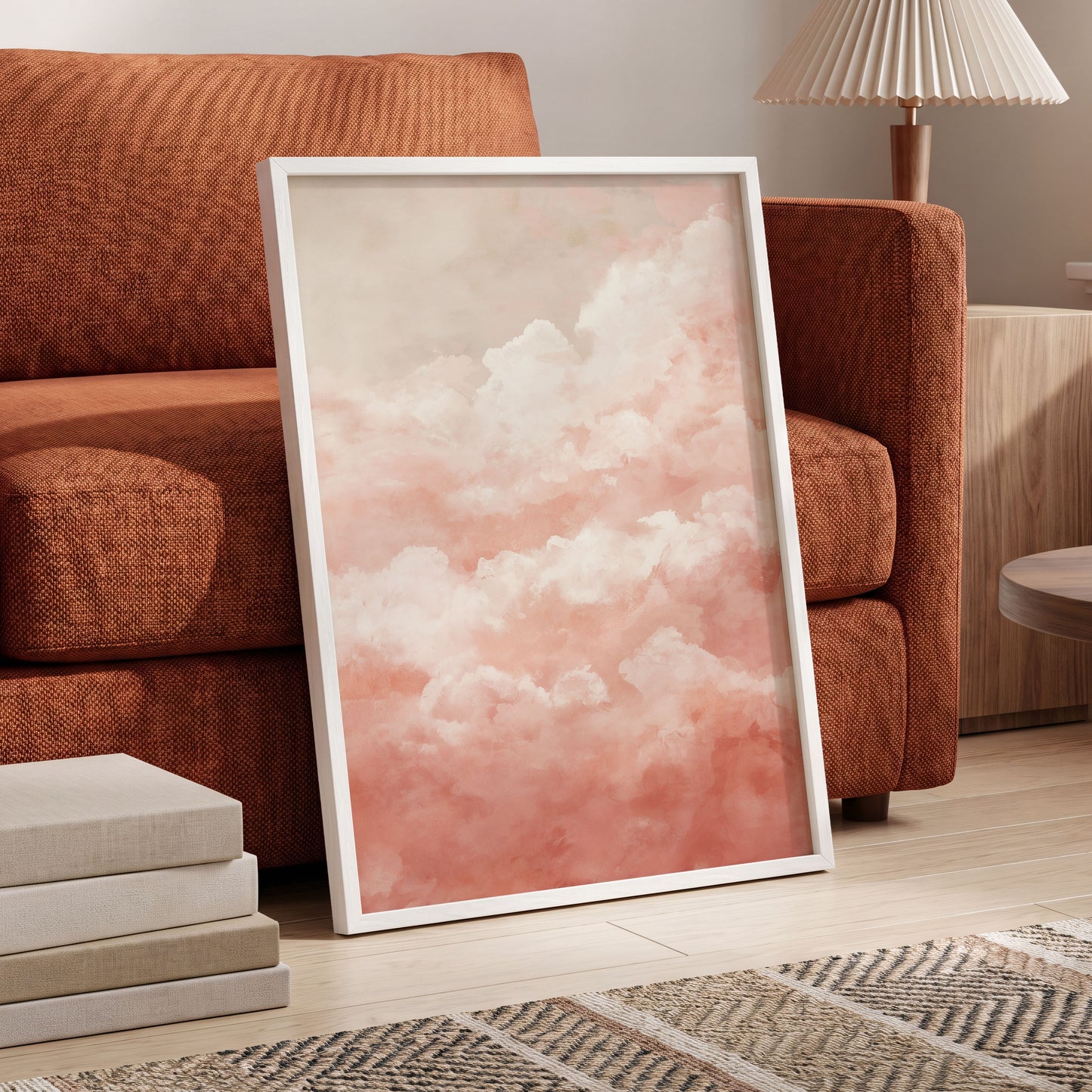 Blush Cloud Reverie, pink, white, beige nature wall art displayed in a styled interior, gallery view 2