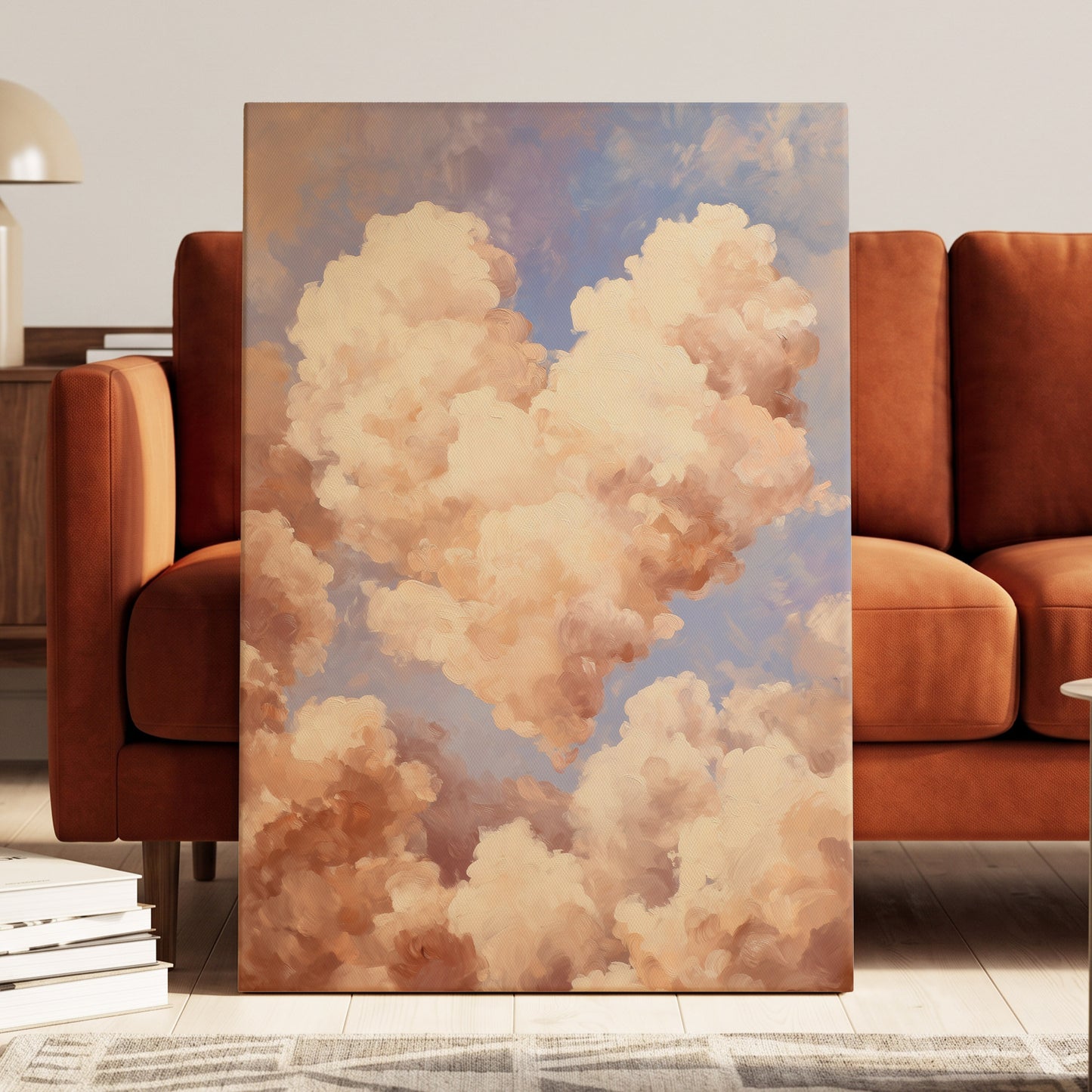 Blush Cloud Reverie, pink, beige, blue nature wall art displayed in a styled interior, gallery view 3