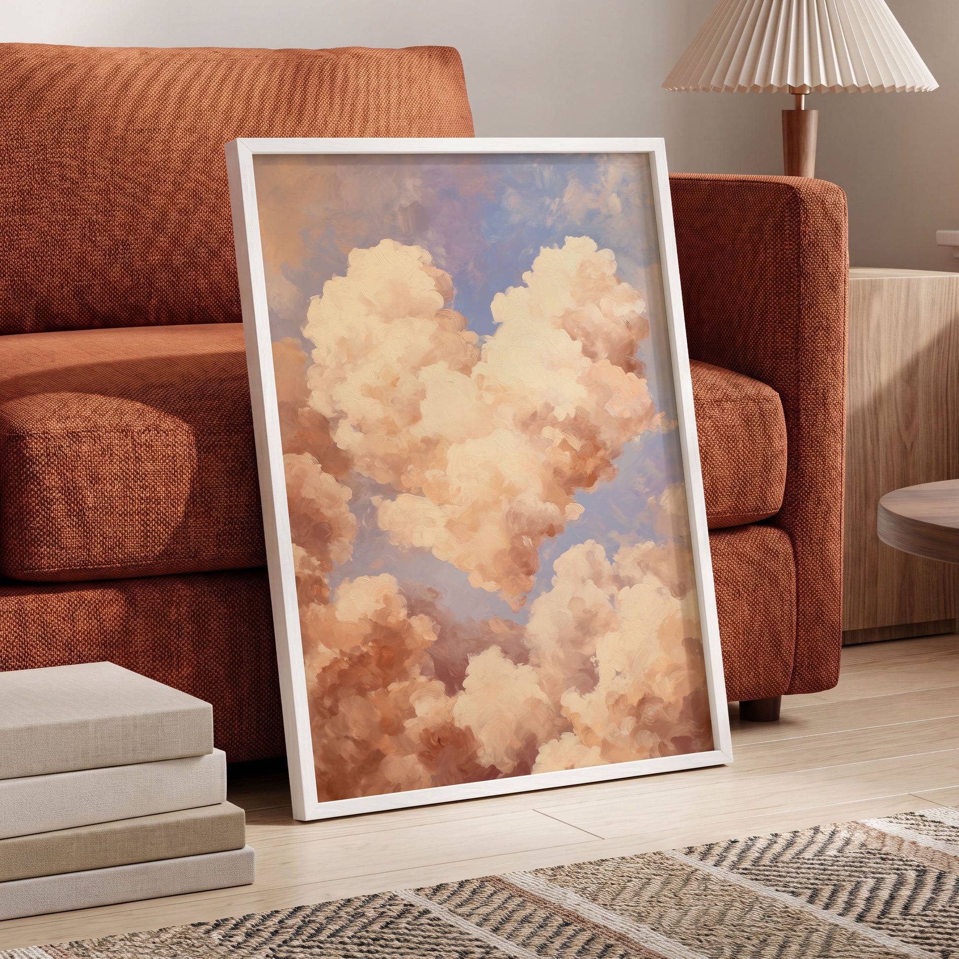 Blush Cloud Reverie, pink, beige, blue nature wall art displayed in a styled interior, gallery view 6