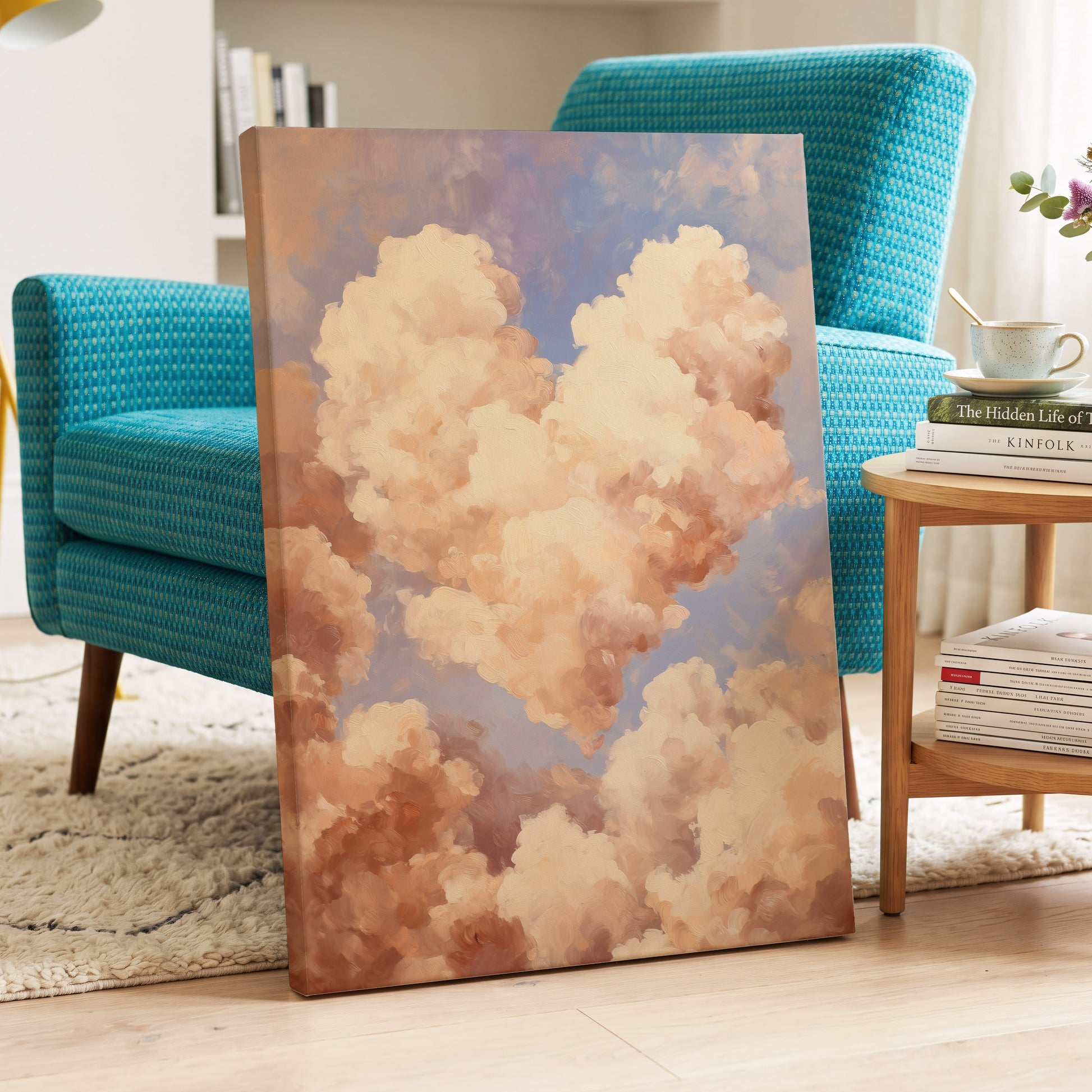 Blush Cloud Reverie, pink, beige, blue nature wall art displayed in a styled interior, gallery view 7