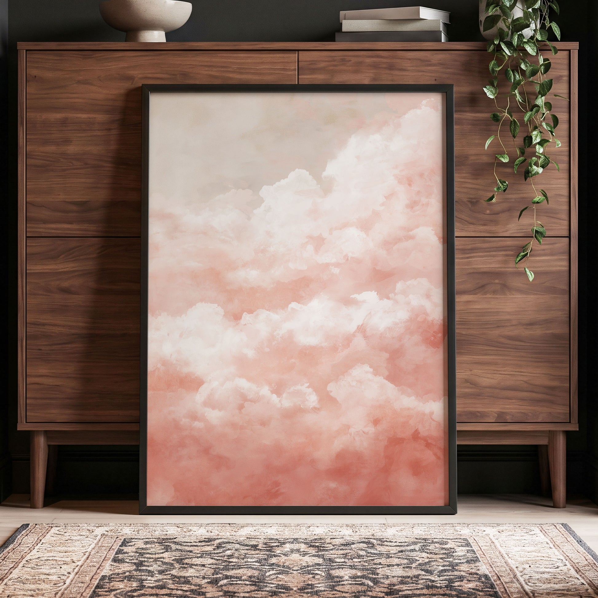 Blush Cloud Reverie, pink, white, beige nature wall art displayed in a styled interior, gallery view 9