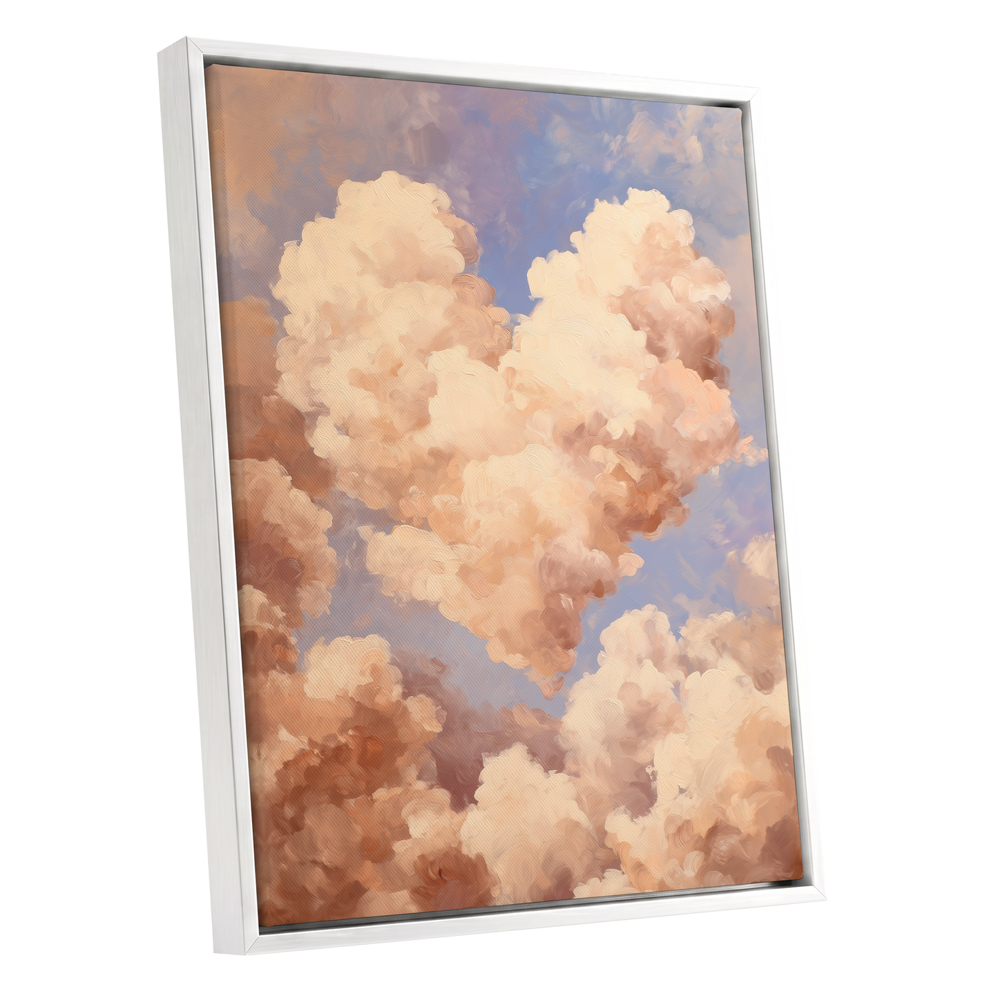 Blush Cloud Reverie, pink, beige, blue nature wall art shown as a white framed canvas wall art