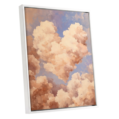 Blush Cloud Reverie, pink, beige, blue nature wall art shown as a white framed canvas wall art