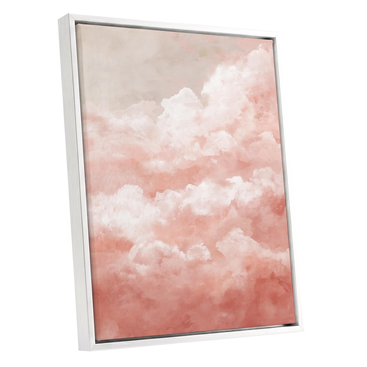 Blush Cloud Reverie, pink, white, beige nature wall art shown as a white framed canvas wall art