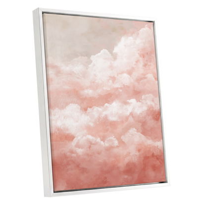 Blush Cloud Reverie, pink, white, beige nature wall art shown as a white framed canvas wall art