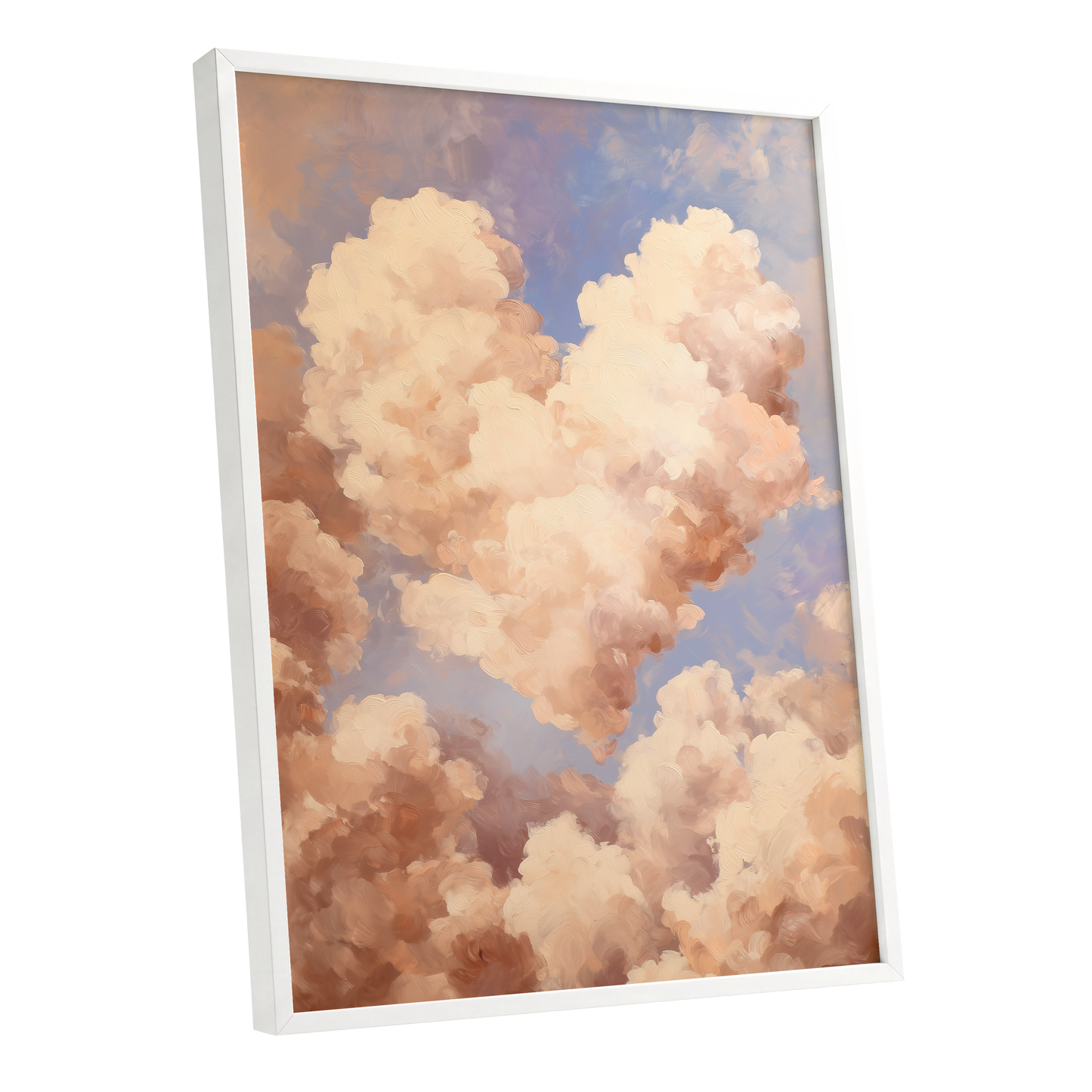 Blush Cloud Reverie, pink, beige, blue nature wall art shown as a white framed poster wall art print