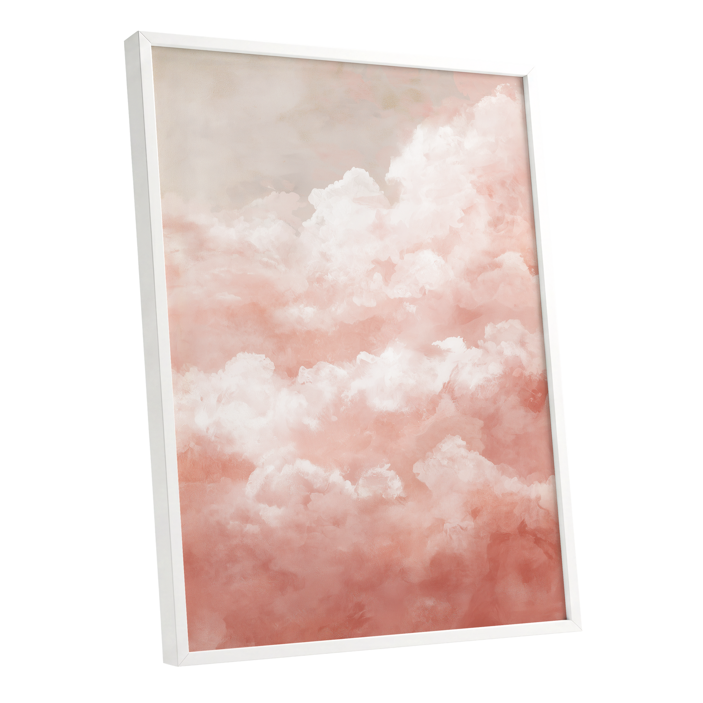 Blush Cloud Reverie, pink, white, beige nature wall art shown as a white framed poster wall art print