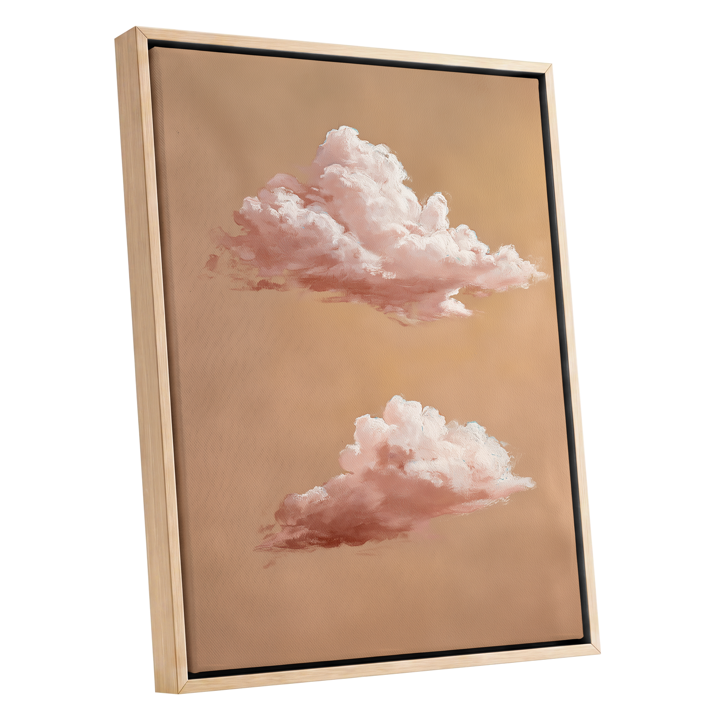 Blush Cloud Study, beige, pink, white nature wall art shown as a oak framed canvas wall art