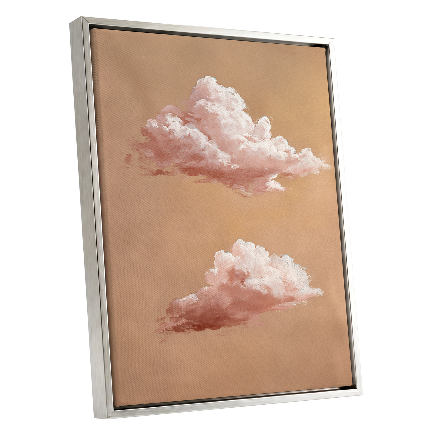 Blush Cloud Study, beige, pink, white nature wall art shown as a silver framed canvas wall art