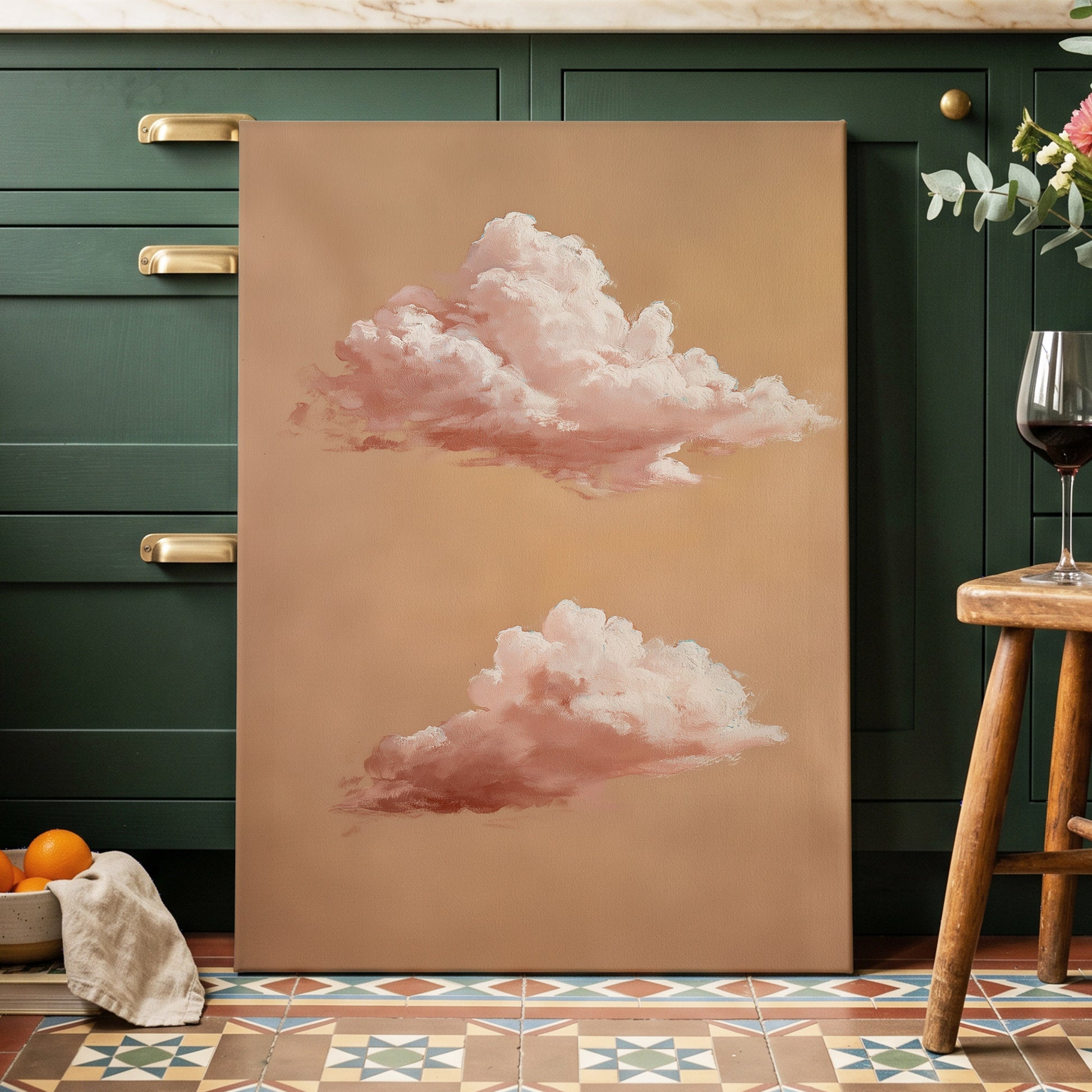 Blush Cloud Study, beige, pink, white nature wall art displayed in a styled interior, gallery view 3