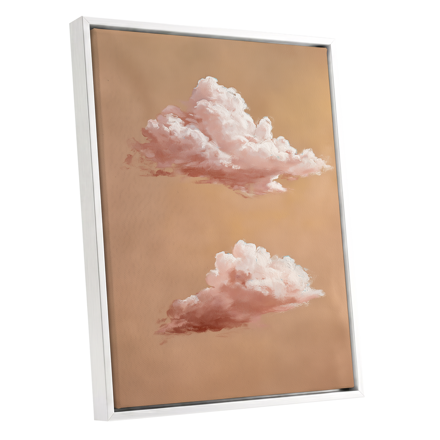 Blush Cloud Study, beige, pink, white nature wall art shown as a white framed canvas wall art