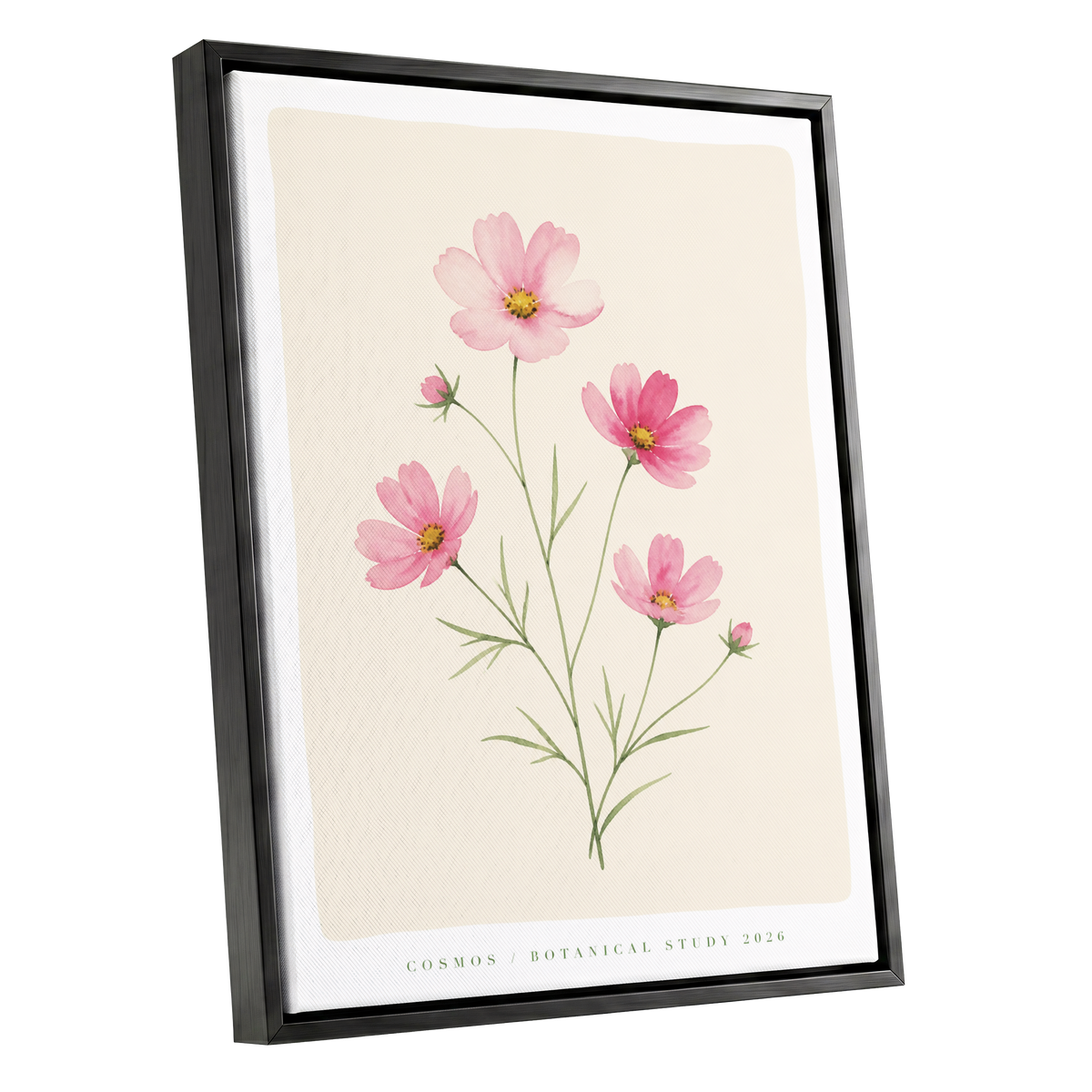 Blush Cosmos Study, pink, beige, green floral wall art shown as a black framed canvas wall art