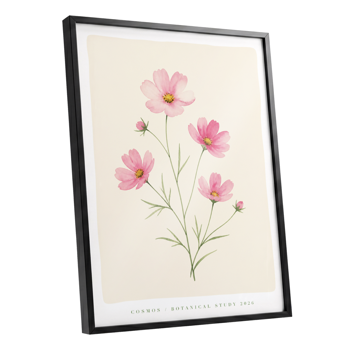 Blush Cosmos Study, pink, beige, green floral wall art shown as a black framed poster wall art print