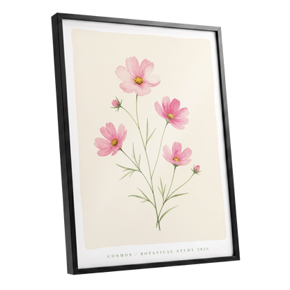 Blush Cosmos Study, pink, beige, green floral wall art shown as a black framed poster wall art print