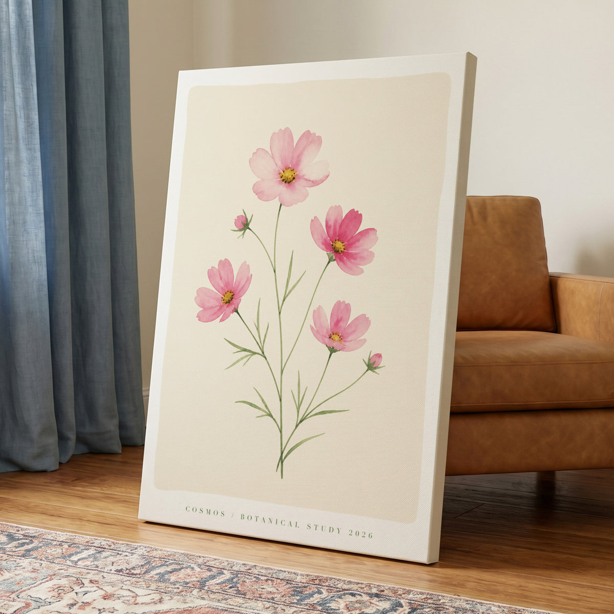 Blush Cosmos Study, pink, beige, green floral wall art on canvas displayed in a styled interior, gallery view 1