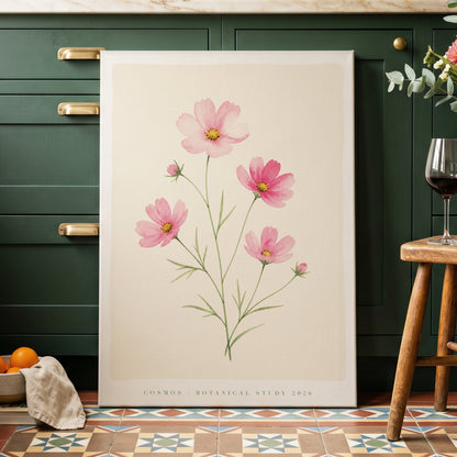 Blush Cosmos Study, pink, beige, green floral wall art on canvas displayed in a styled interior, gallery view 2