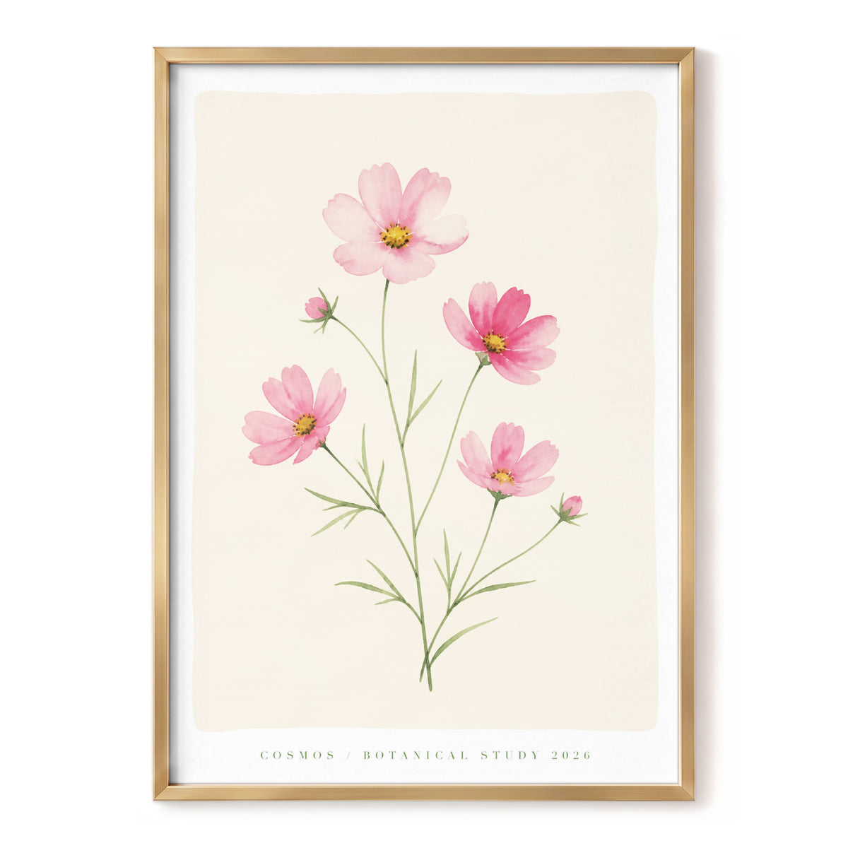 Blush Cosmos Study, pink, beige, green floral wall art, front artwork view