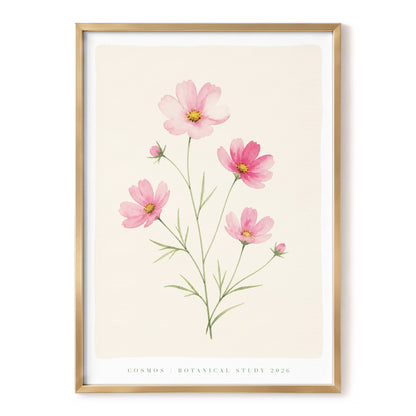Blush Cosmos Study, pink, beige, green floral wall art, front artwork view