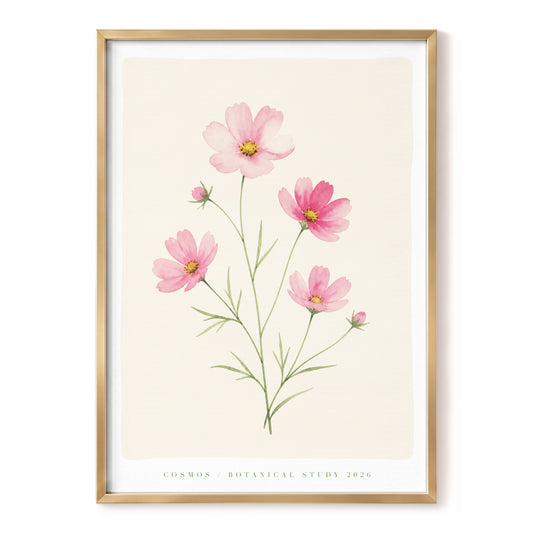 Blush Cosmos Study, pink, beige, green floral wall art, front artwork view