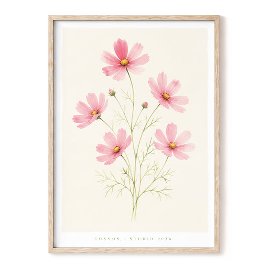 Blush Cosmos Study, pink, beige, green floral wall art, front artwork view