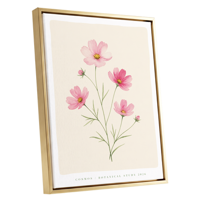Blush Cosmos Study, pink, beige, green floral wall art shown as a gold framed canvas wall art