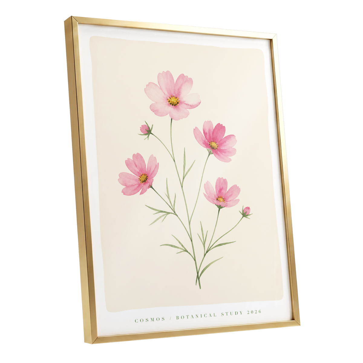Blush Cosmos Study, pink, beige, green floral wall art shown as a gold framed poster wall art print
