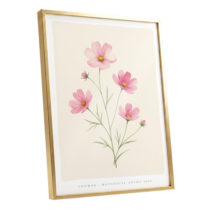 Blush Cosmos Study, pink, beige, green floral wall art shown as a gold framed poster wall art print