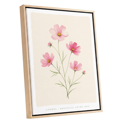 Blush Cosmos Study, pink, beige, green floral wall art shown as a oak framed canvas wall art