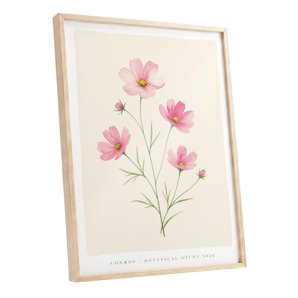 Blush Cosmos Study, pink, beige, green floral wall art shown as a oak framed poster wall art print