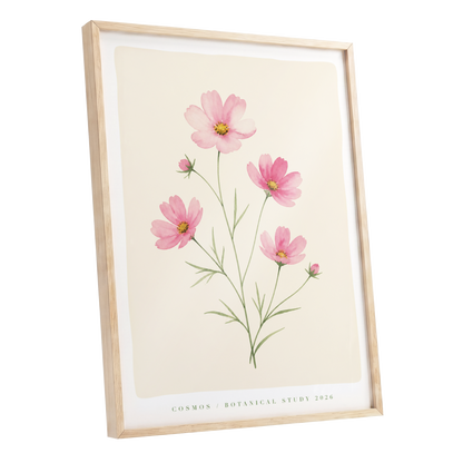 Blush Cosmos Study, pink, beige, green floral wall art shown as a oak framed poster wall art print