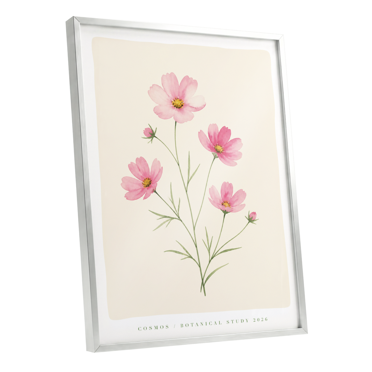 Blush Cosmos Study, pink, beige, green floral wall art shown as a silver framed poster wall art print