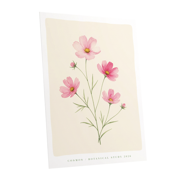 Blush Cosmos Study, pink, beige, green floral wall art shown as a unframed poster wall art print