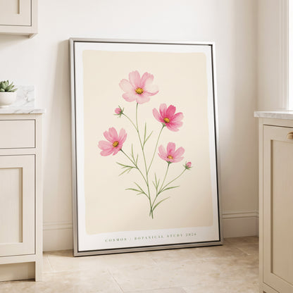 Blush Cosmos Study, pink, beige, green floral wall art displayed in a styled interior, gallery view 1