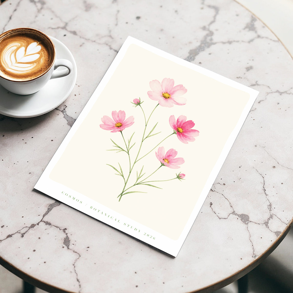 Blush Cosmos Study, pink, beige, green floral wall art displayed in a styled interior, gallery view 2