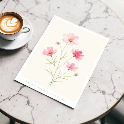 Blush Cosmos Study, pink, beige, green floral wall art displayed in a styled interior, gallery view 2