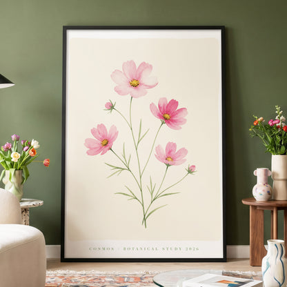 Blush Cosmos Study, pink, beige, green floral wall art displayed in a styled interior, gallery view 3