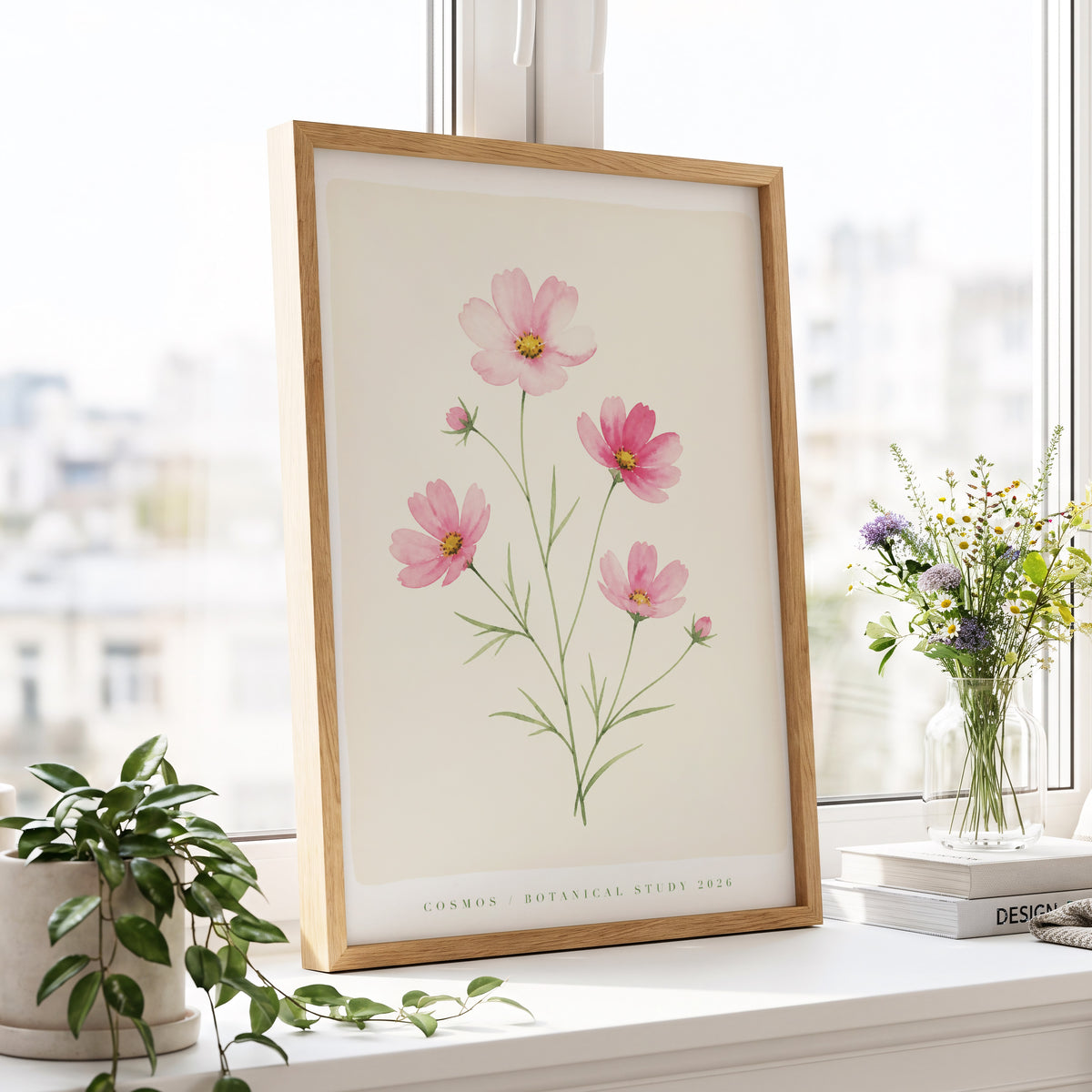 Blush Cosmos Study, pink, beige, green floral wall art displayed in a styled interior, gallery view 4