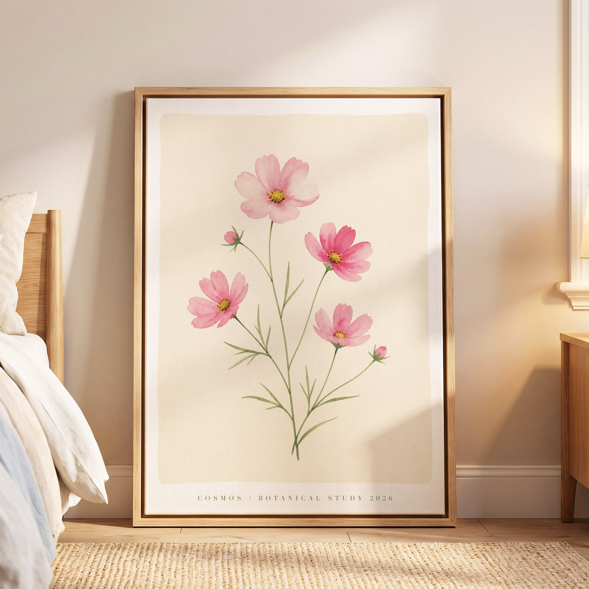 Blush Cosmos Study, pink, beige, green floral wall art displayed in a styled interior, gallery view 6