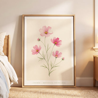 Blush Cosmos Study, pink, beige, green floral wall art displayed in a styled interior, gallery view 6