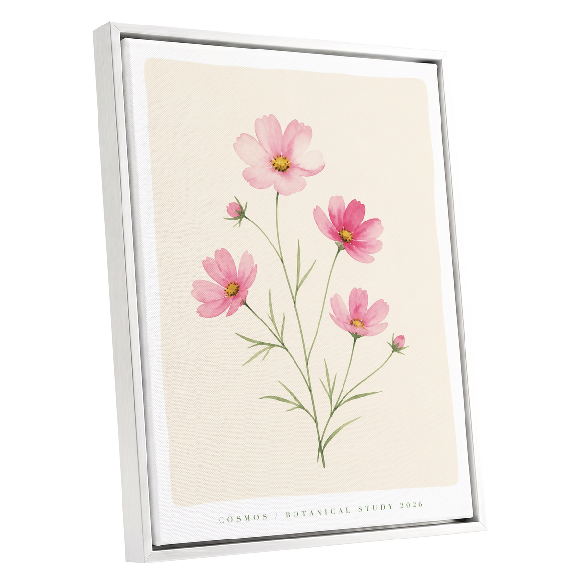 Blush Cosmos Study, pink, beige, green floral wall art shown as a white framed canvas wall art
