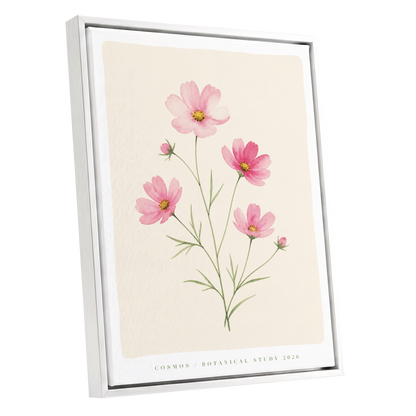 Blush Cosmos Study, pink, beige, green floral wall art shown as a white framed canvas wall art