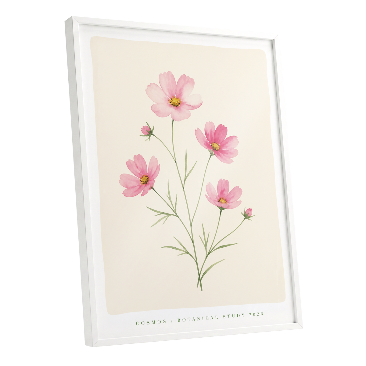Blush Cosmos Study, pink, beige, green floral wall art shown as a white framed poster wall art print