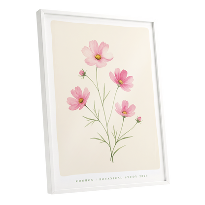 Blush Cosmos Study, pink, beige, green floral wall art shown as a white framed poster wall art print