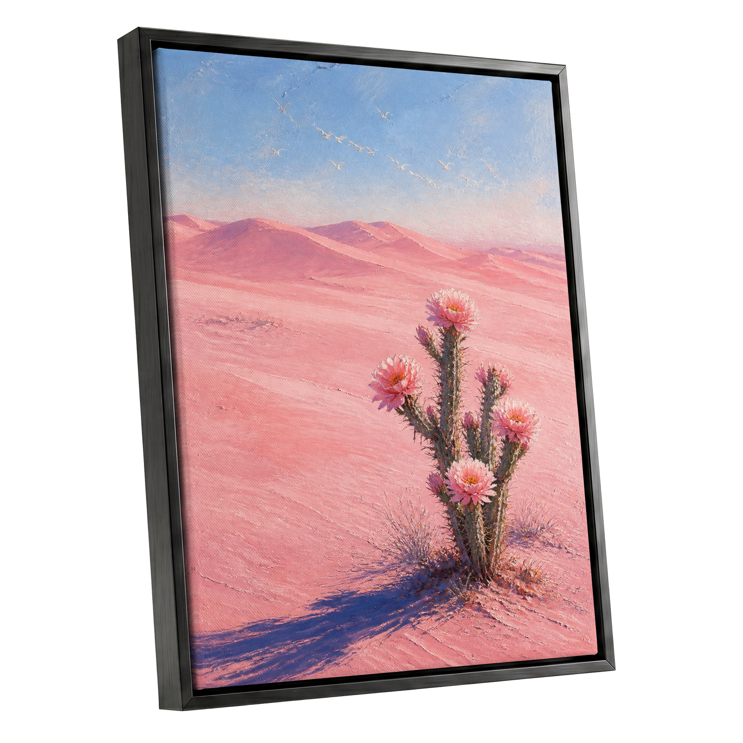 Blush Desert Bloom, pink, blue, purple floral wall art shown as a black framed canvas wall art