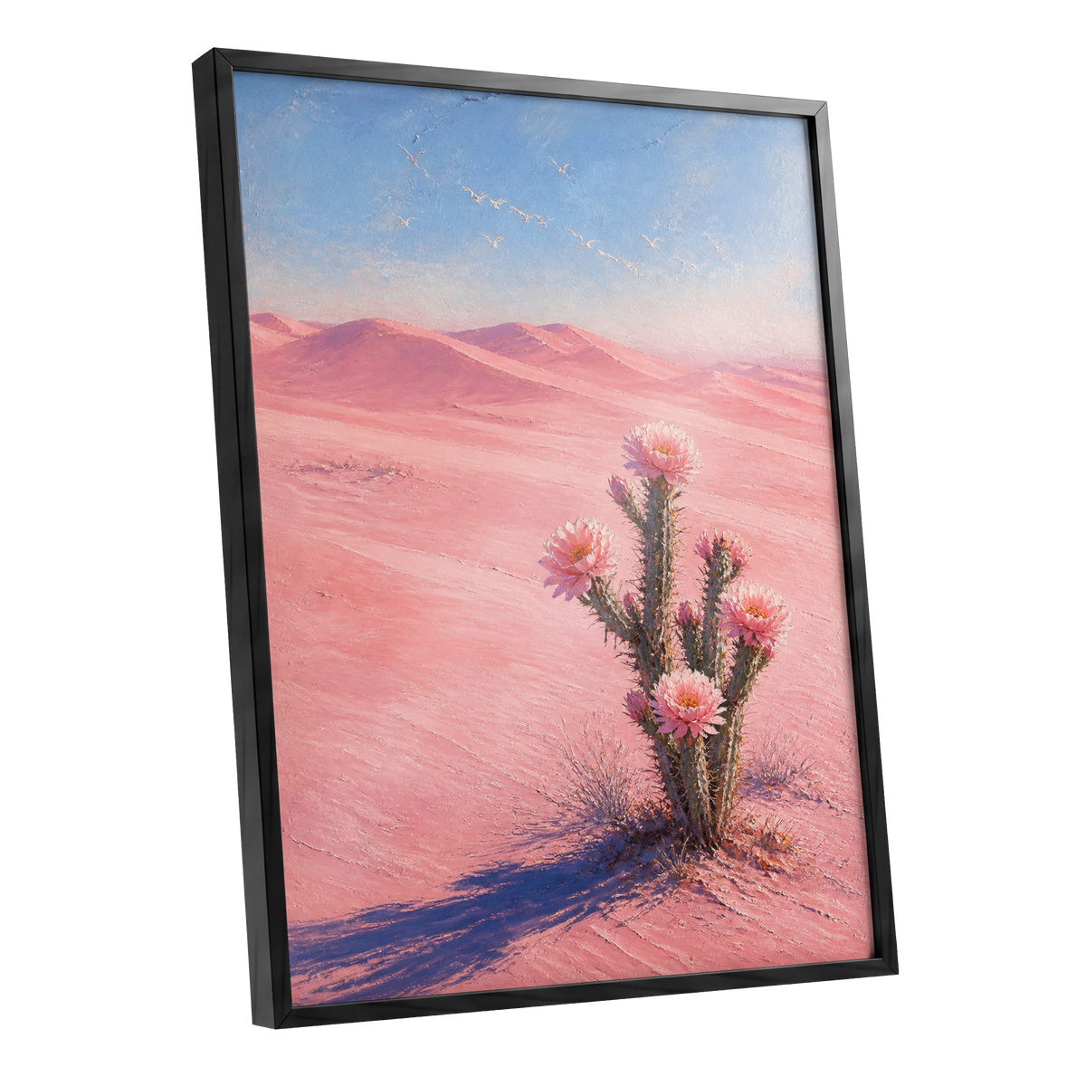 Blush Desert Bloom, pink, blue, purple floral wall art shown as a black framed poster wall art print