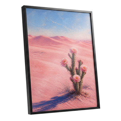 Blush Desert Bloom, pink, blue, brown floral wall art shown as a black framed poster wall art print