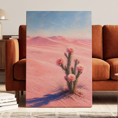 Blush Desert Bloom, pink, blue, purple floral wall art on canvas displayed in a styled interior, gallery view 1