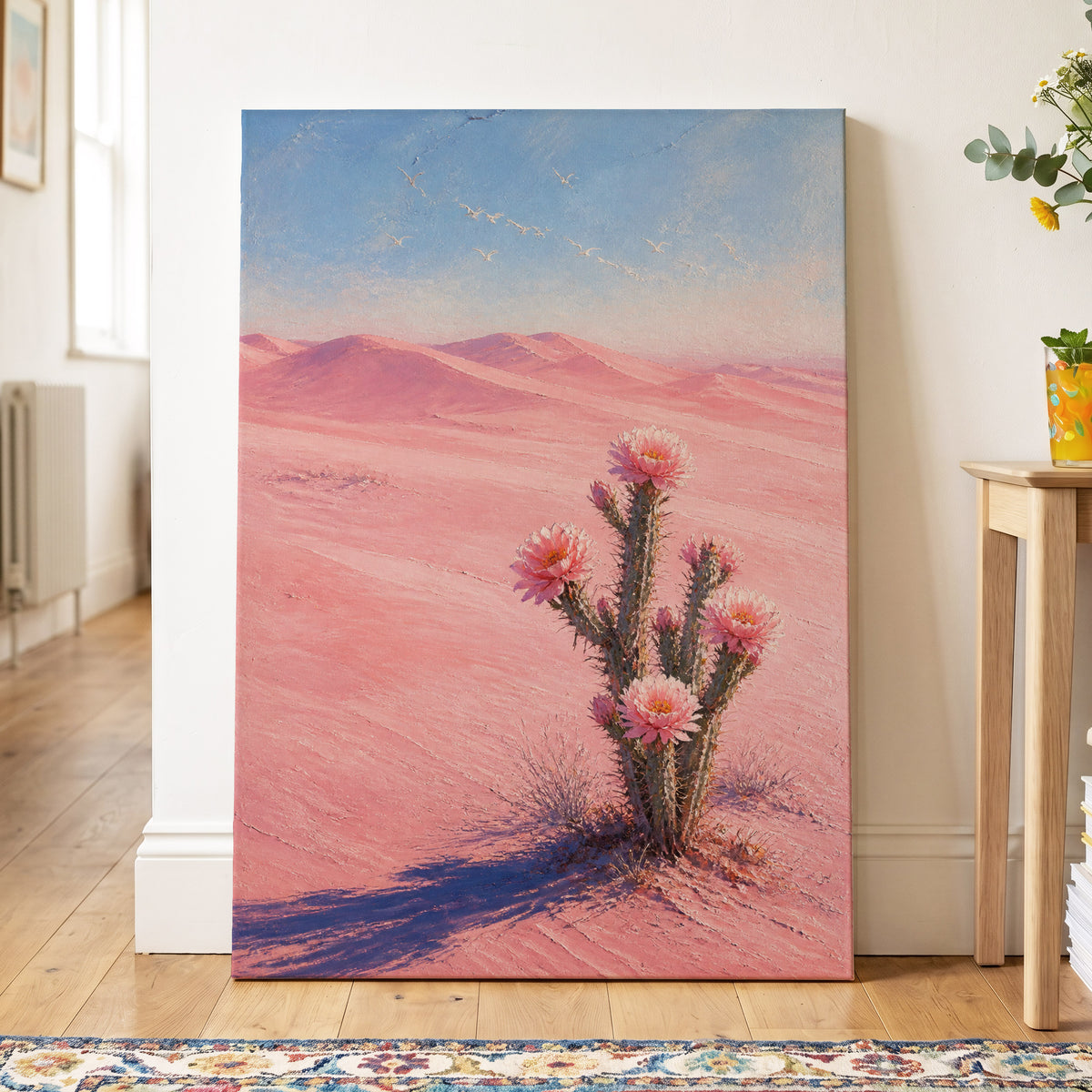 Blush Desert Bloom, pink, blue, purple floral wall art on canvas displayed in a styled interior, gallery view 2